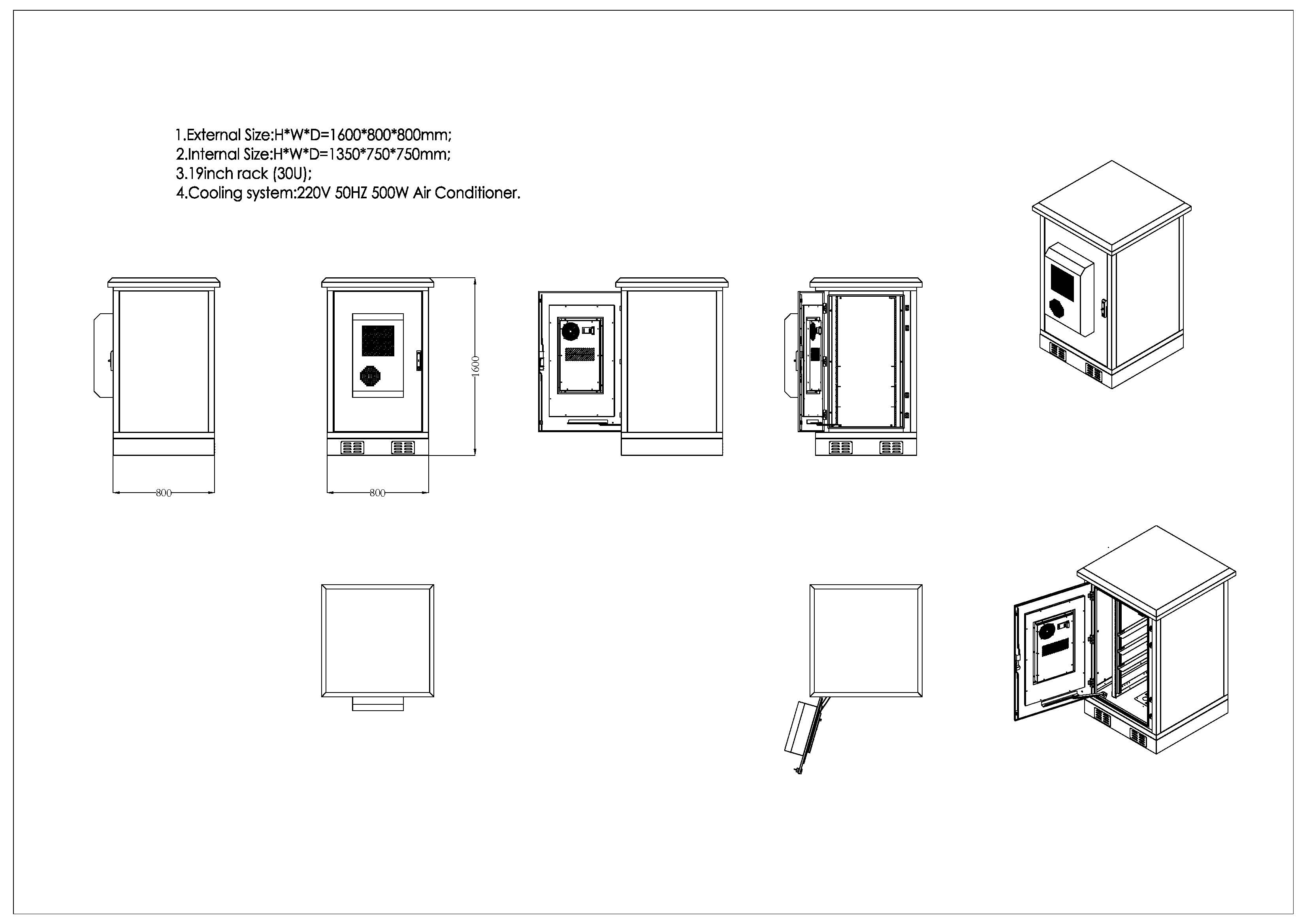 The sketch of the 30U telecom and data cabinets with 1000W Air Conditioner Szkic szaf telekomunikacyjnych i danych o wysokości 30U z klimatyzatorem o mocy 1000 W