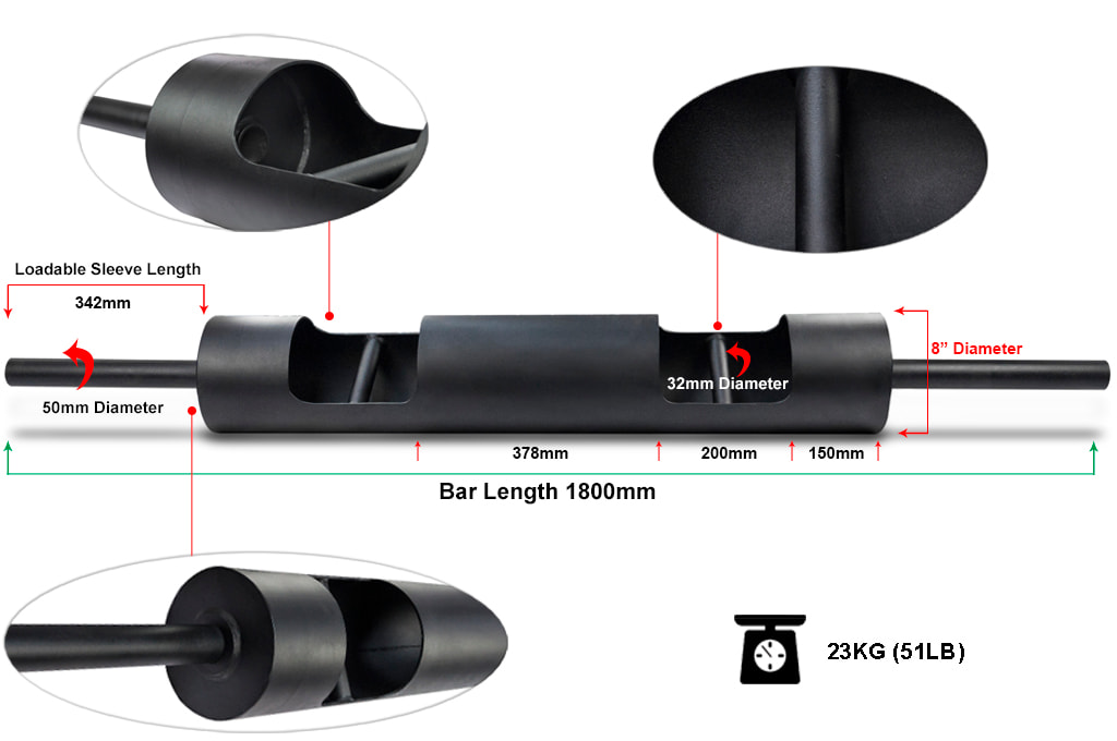 Olympic Strongman Log Bar – Available in 8", 10" & 12" Diameters Olympic Strongman Log Bar – Beskikbaar in 8', 10' en 12' deursnee