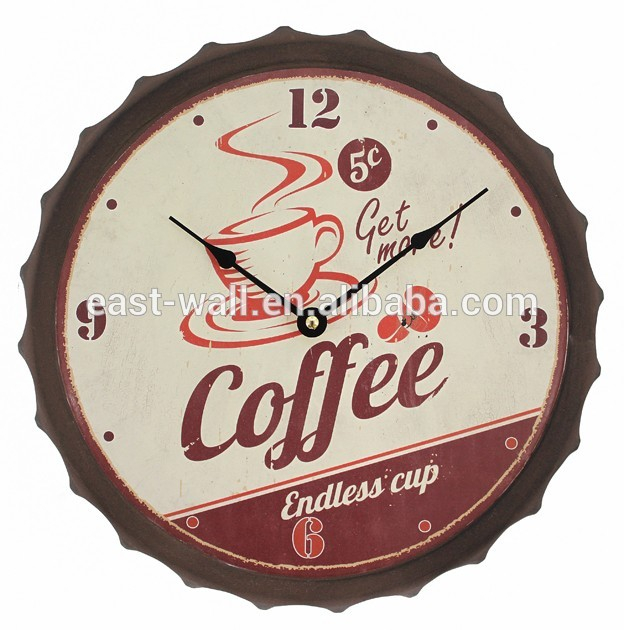 33cm Beer Soda Bottle Cap Wall Clock with Vintage Rustic Prints European Retro Nostalgic Style Wall Clock