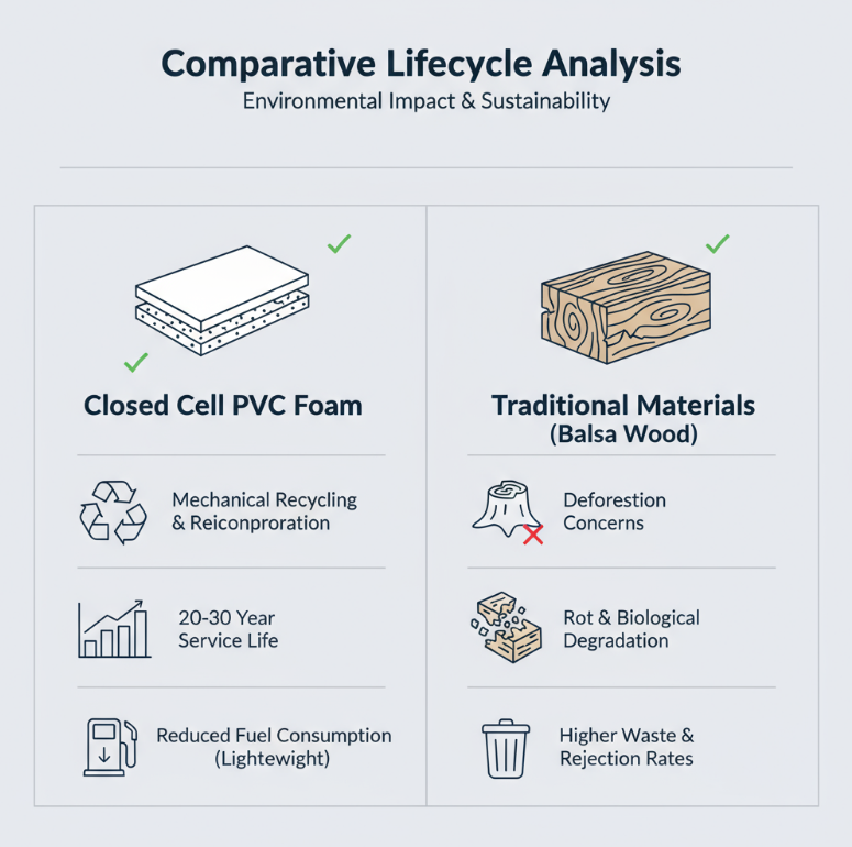 Comparison of environmental impact and sustainability between PVC foam core and traditional materials PVC 폼 코어와 기존 소재의 환경 영향 및 지속 가능성 비교