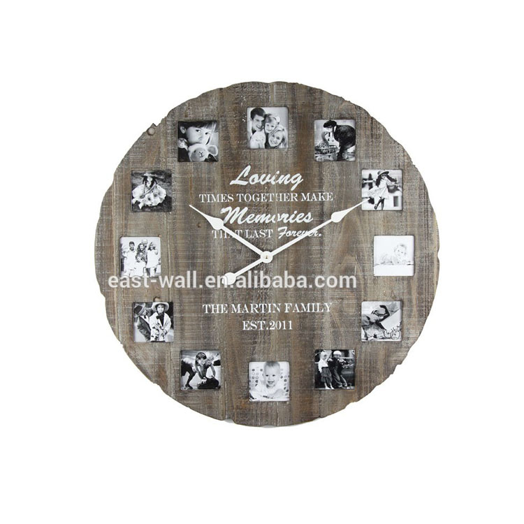 Original Wooden Color Antique Clock with 12 Family Black and White Pictures
