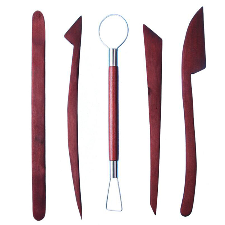 5pcs Red Wod Clay Modeling Tool And Double Wire End Clay Tool Set