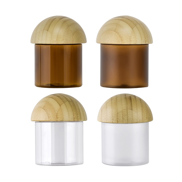 Amber PET Plastic Cream Jar with Bamboo Lid 5Amberkleurige PET-plastic zalfpotje met bamboe deksel