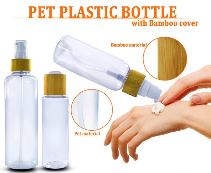 White PET Plastic Bottle and JAR set With Bamboo Lid ขวดพลาสติก PET สีขาวและชุด JAR พร้อมฝาไม้ไผ่