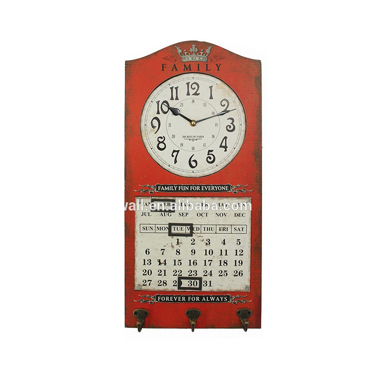 Retro Red Multi Function Wall Calendar Clock Home Art Decorative