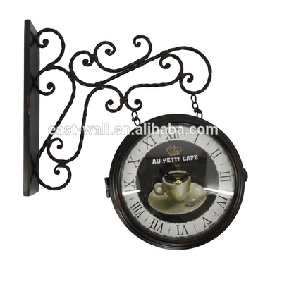 Coffee Bar Double Sided Wall Clock Antique Style Roman Numerals Iron Decorative Clock