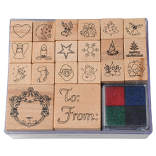 22pcs Wooden Handle Rubber Stamp And Ink Pad Set Christmas