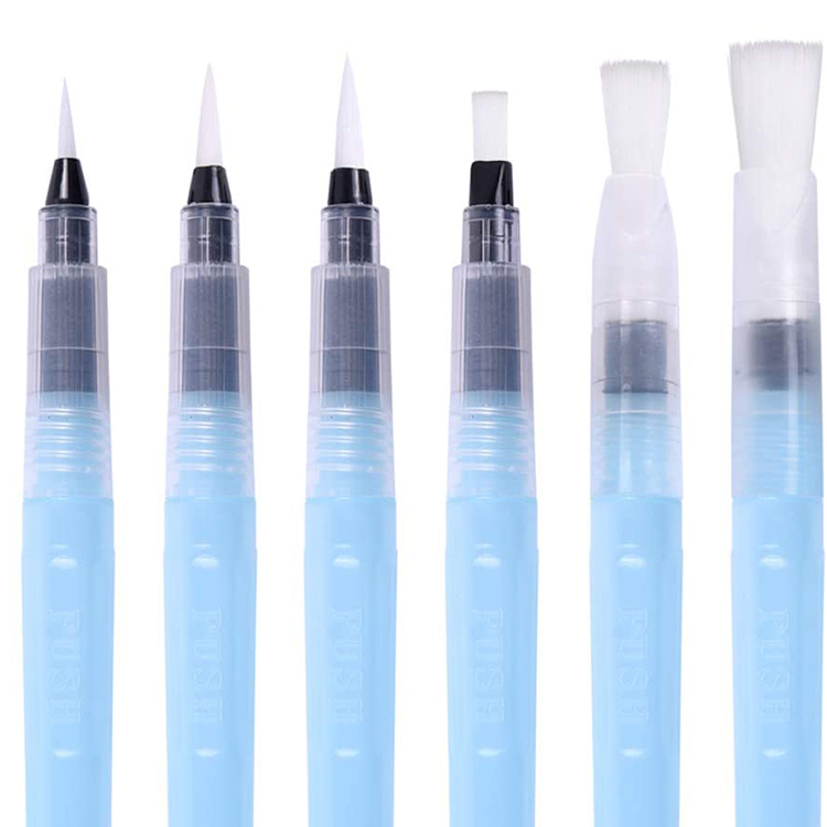Long Barrel Water Brush Pens Set of 6 Assorted Tips Round and Flat