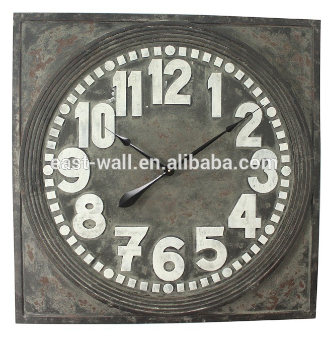 Retro Square Oversized Embossing Decorative Metal Wall Clocks