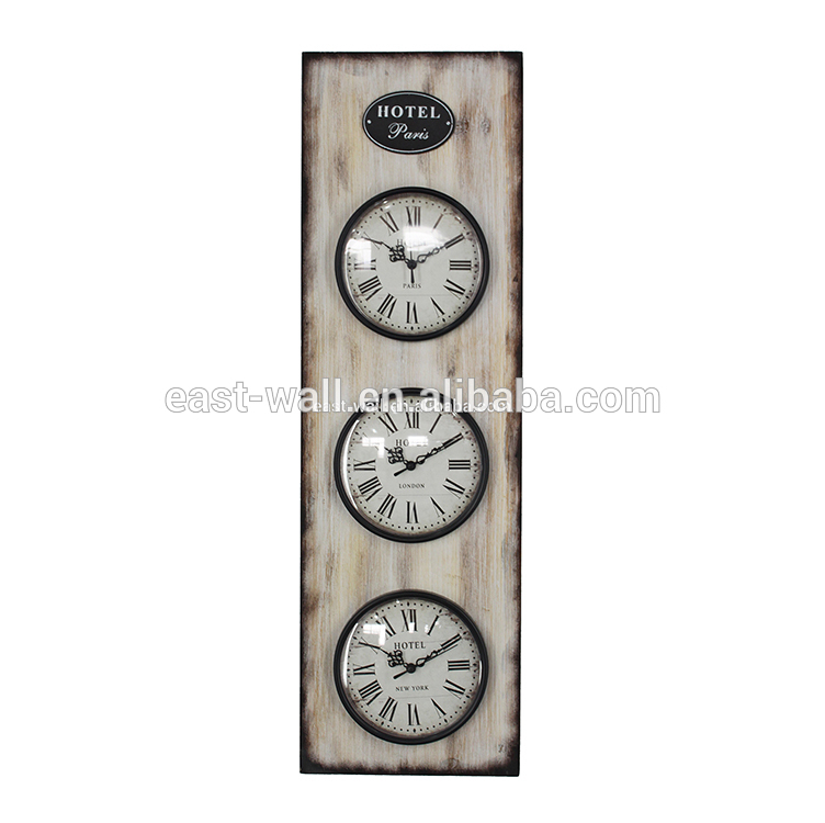 Decorative Wood Clock for hotel with Paris Time/London Time/New York Time