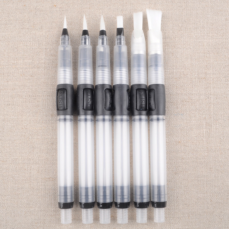 Syringe Push Long Barrel Water Brush Pens Set of 6 Assorted Tips Round and Flat