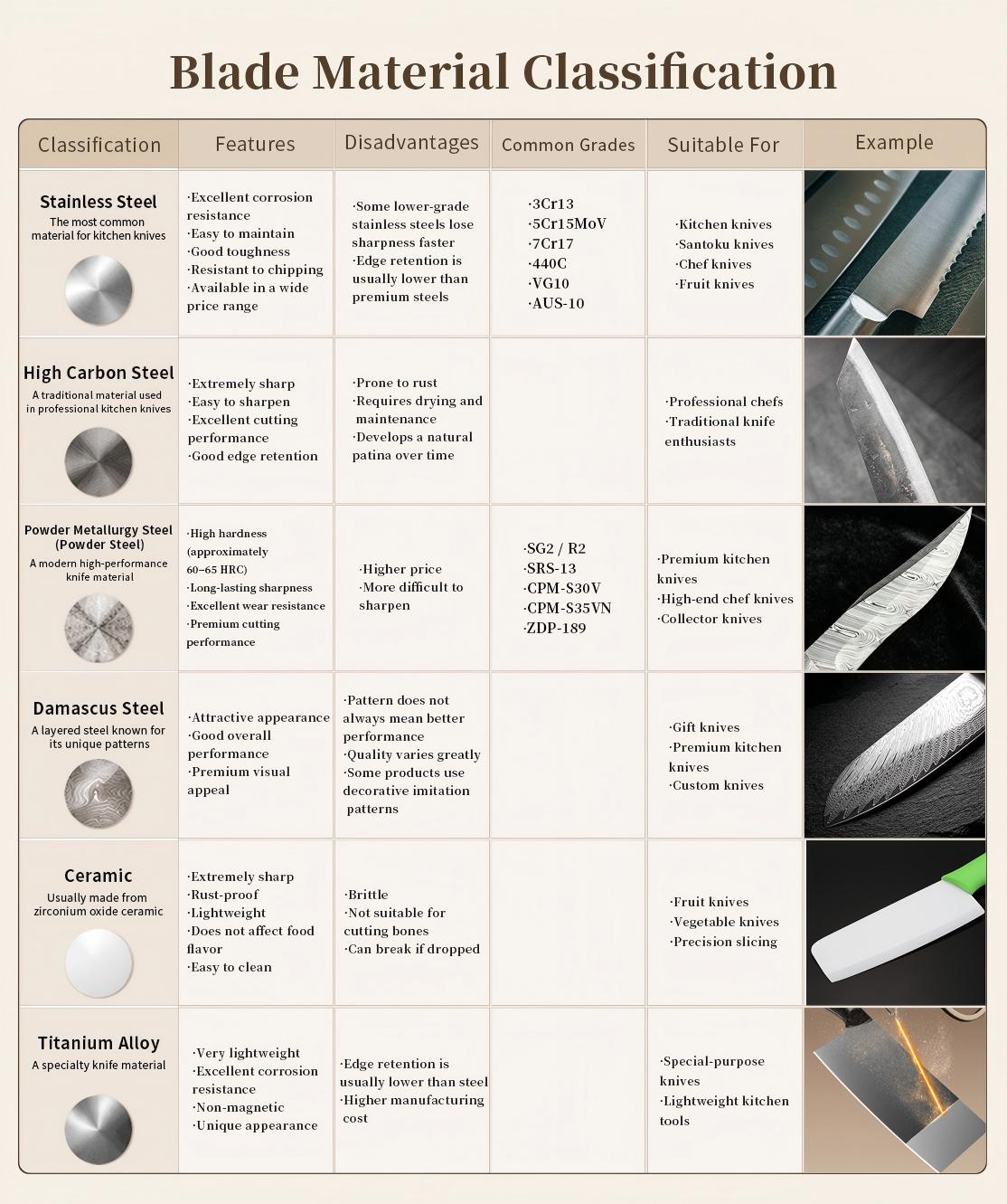 Knife Blade Materials Materiali per lame di coltello