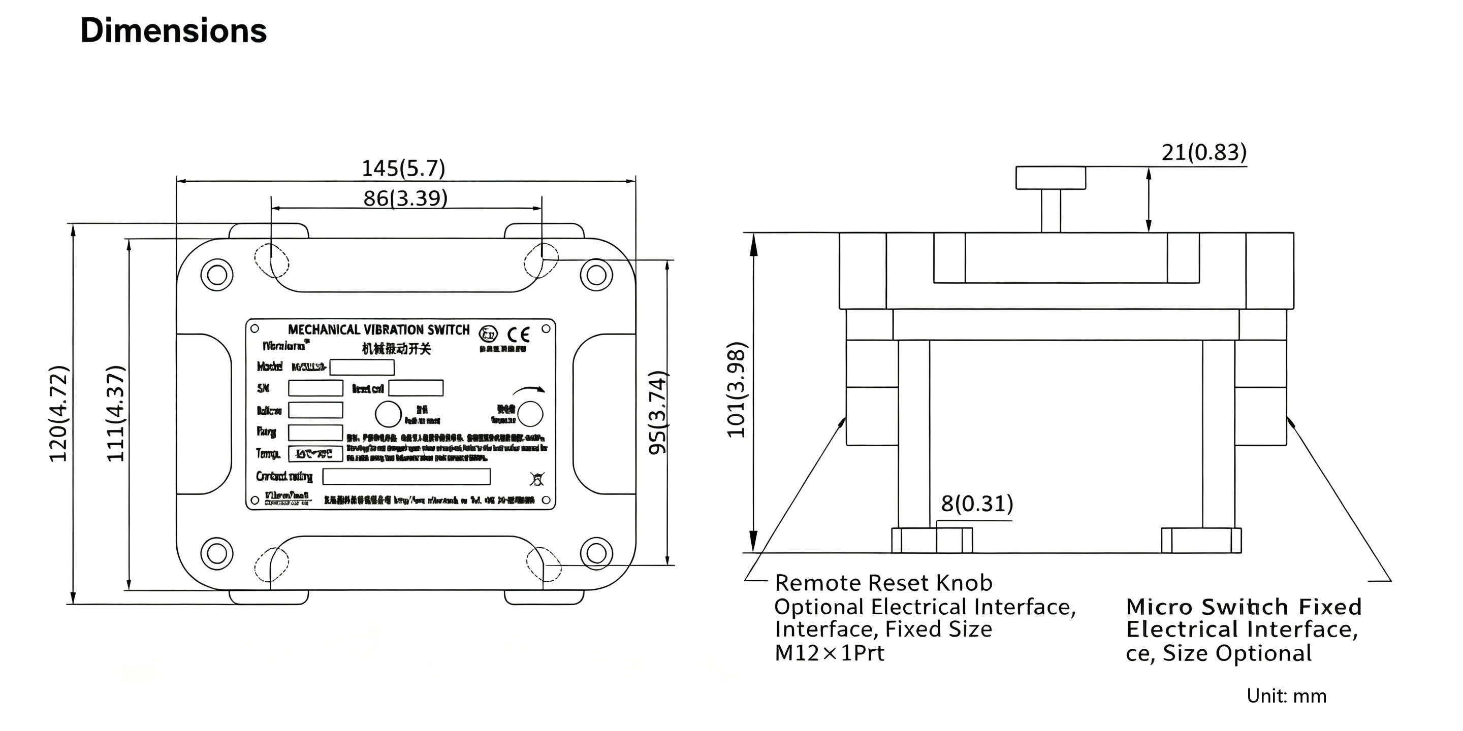 dimension of Mechanical vibration switch البعد من مفتاح الاهتزاز الميكانيكية