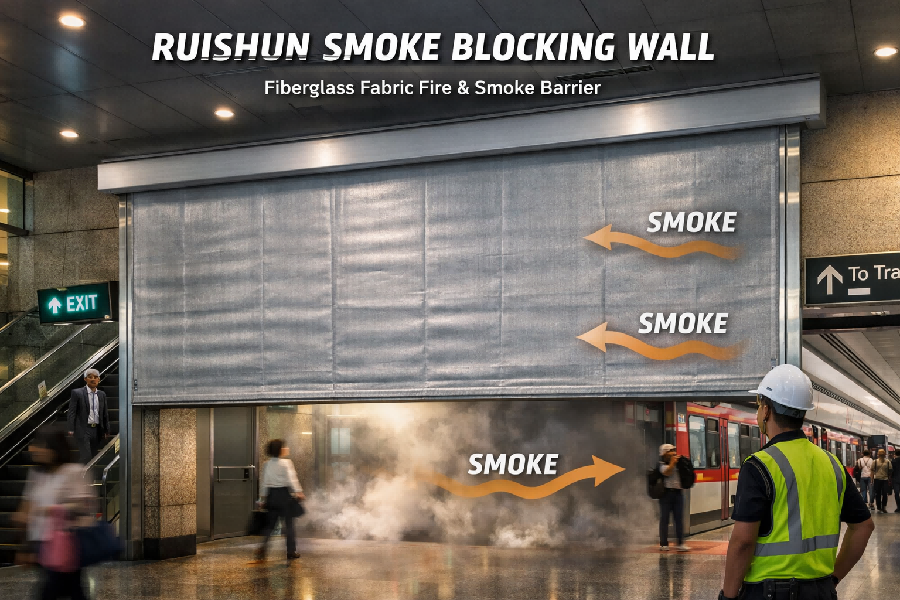 RUISHUN Smoke Blocking Wall Application – Fiberglass Fabric Smoke Barrier धुएं को रोकने और निकासी मार्गों की सुरक्षा के लिए एक सार्वजनिक भवन में फाइबरग्लास कपड़े से बनी रुइशुन धुआं अवरोधक दीवार स्थापित की गई है