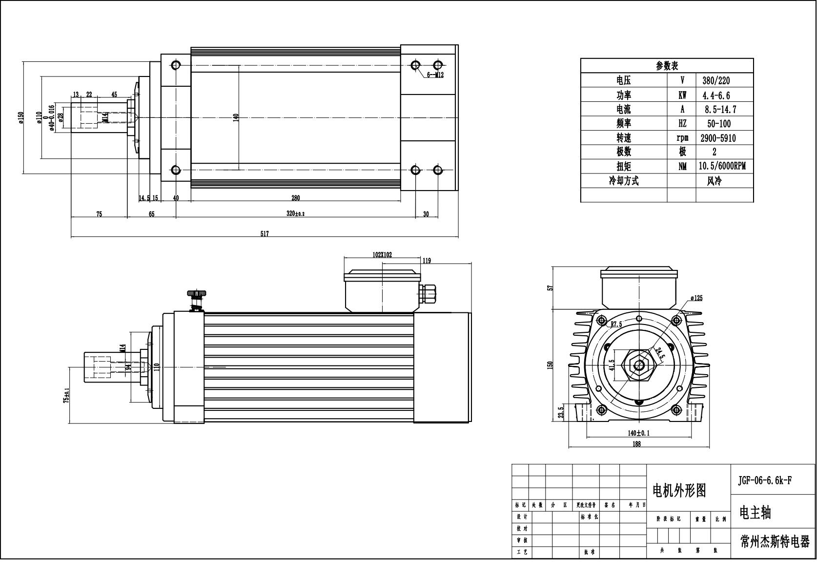 Moteur de broche de scie à fente pour le travail du bois JGFK75-6Z-6.6, 6,6 kw