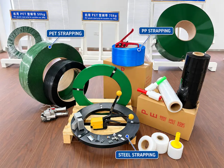 Steel, PET and PP Strapping Samples ตัวอย่างสายรัดเหล็ก, PET และ PP แสดงคู่กัน