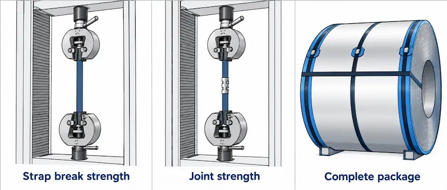 Strap Strength, Joint Strength and Package Restraint แผนภาพเปรียบเทียบความแข็งแรงการแตกหักของสายรัด ความแข็งแรงของข้อต่อ และความยึดเหนี่ยวของบรรจุภัณฑ์ที่สมบูรณ์