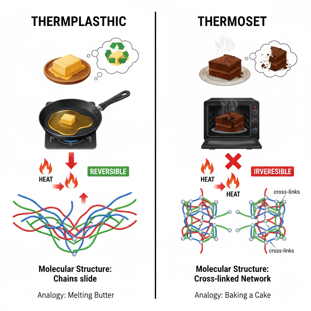 una imagen que representa visualmente la diferencia entre un termopl&aacute;stico y un termoestable a nivel molecular, usando la analog&iacute;a de la mantequilla y el pastel