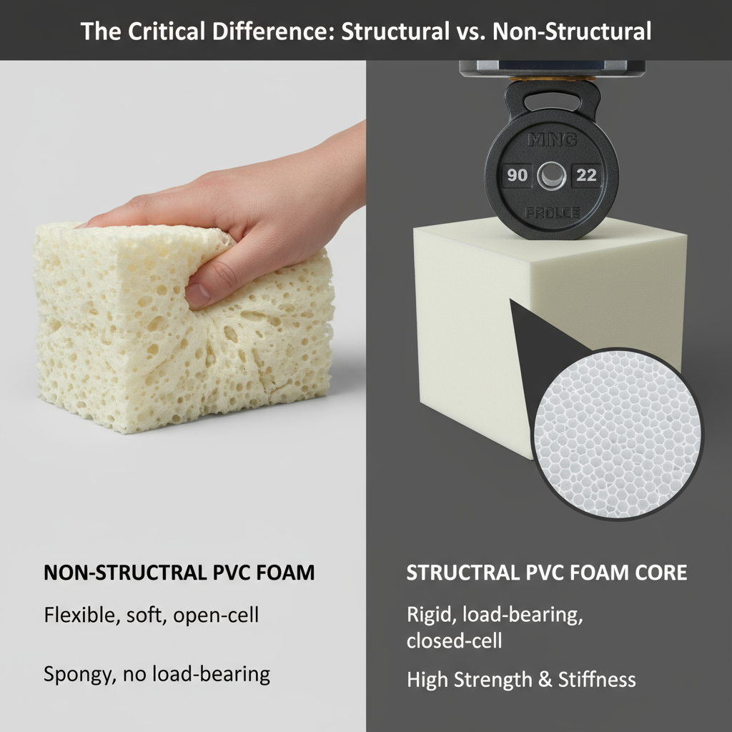 &Agrave; gauche se trouve une mousse PVC souple &agrave; cellules ouvertes, et &agrave; droite se trouve une mousse structurelle noyau en mousse PVC dure &agrave; cellules ferm&eacute;es, distinguant visuellement la mousse &laquo;&nbsp;structurelle&nbsp;&raquo; et &laquo;&nbsp;non structurelle&nbsp;&raquo;.