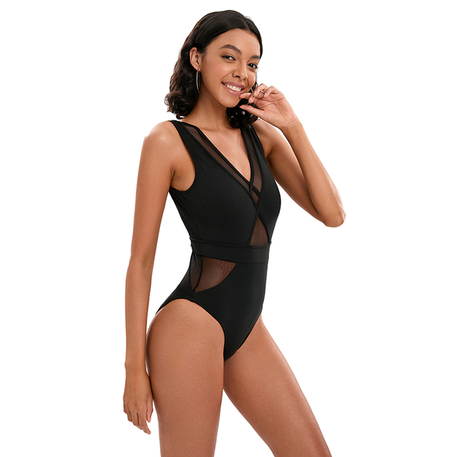 Balck V Għonq Swimsuit b'malji