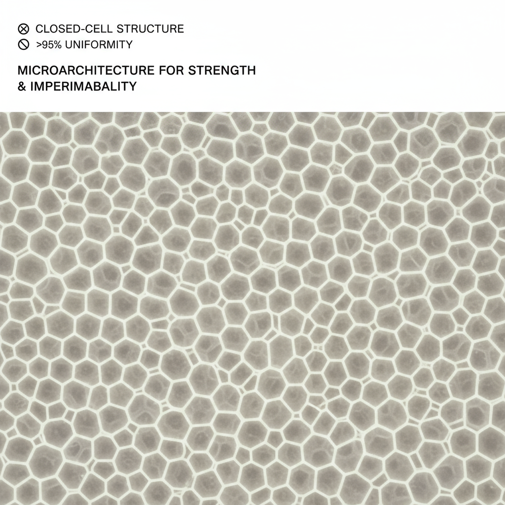 Une image microscopique montre la &laquo;&nbsp;structure &agrave; cellules ferm&eacute;es&nbsp;&raquo; de noyau en mousse PVC , qui, comme un nid d'abeilles, souligne son uniformit&eacute; et ses propri&eacute;t&eacute;s d'&eacute;tanch&eacute;it&eacute;.