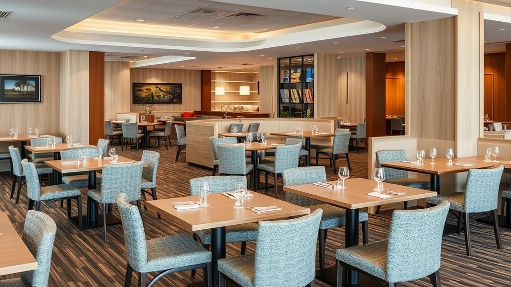ristorante dell'hotel con mobili modulari, con tavoli e sedie durevoli