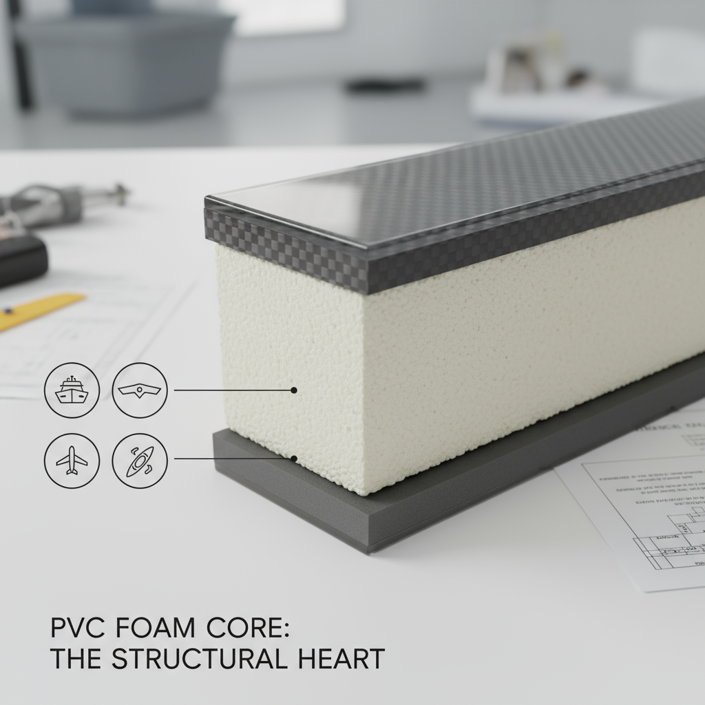 Une coupe transversale montrant le noyau en mousse PVC utilis&eacute; dans la structure interne d'un pont de yacht, d'une aile d'avion ou d'un kayak.