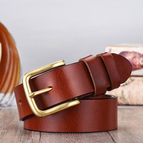 Men's copper buckle top layer leather belt
