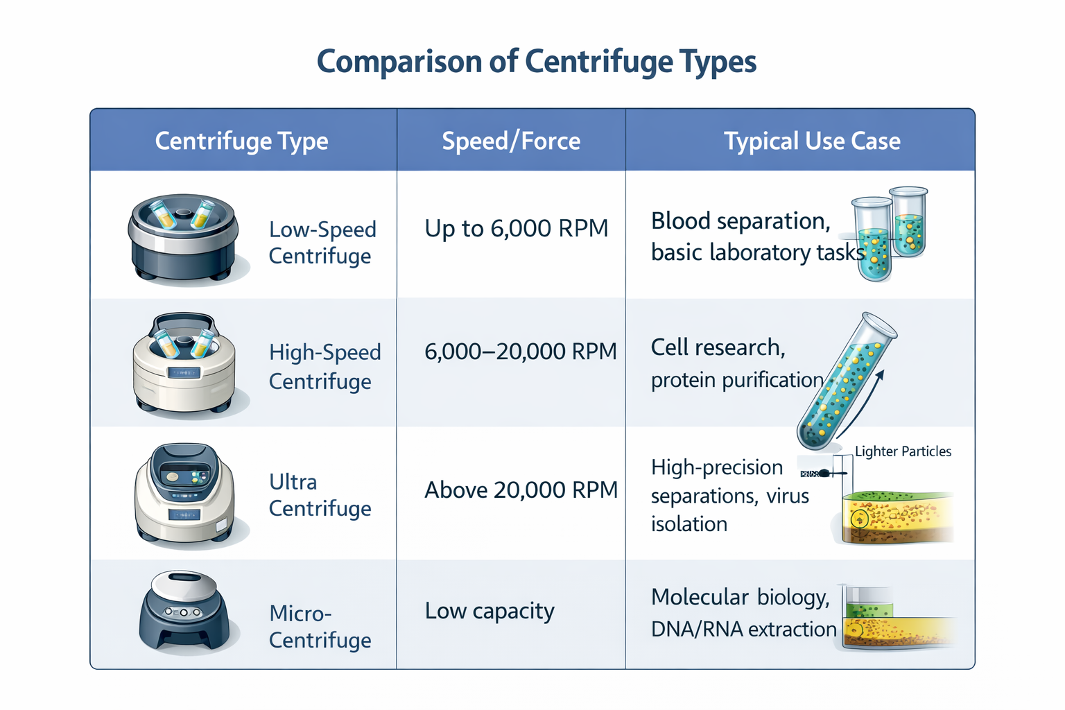 different types of centrifuges and their use cases أنواع مختلفة من أجهزة الطرد المركزي وحالات استخدامها