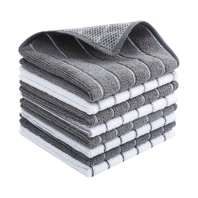 Mikrofiber gr&aring; og hvit stripete husholdningsrengj&oslash;ringsklut med netting (1)