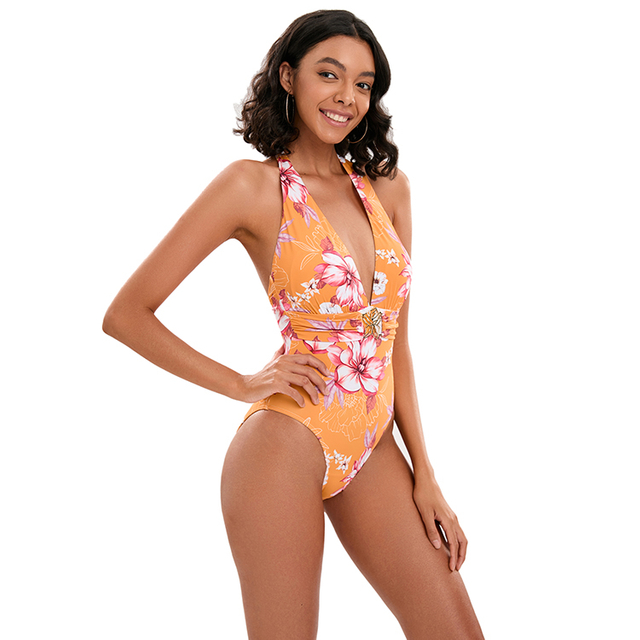 Swimsuit għonq V b'Aċċessorju Metalliku