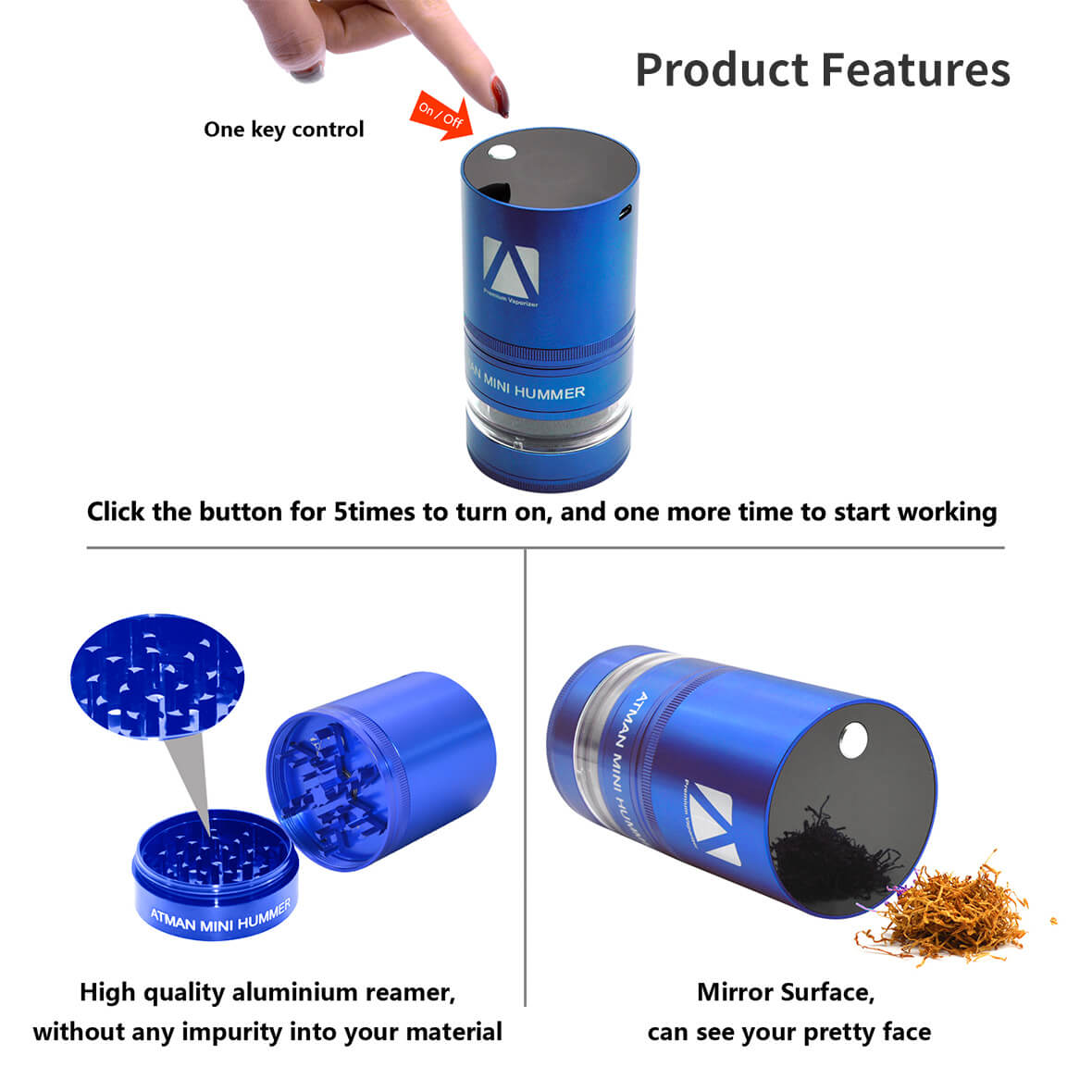 Atman Mini Hummer Electric Dry Herb Grinder Automatic Operation Tobacco Crusher 900MAH