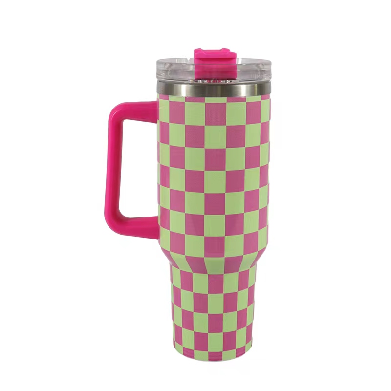 Custom LOGO Pattern Checkerboard 5D Design Stainless Steel Double Wall Vacuum 40oz Tumbler with Handle