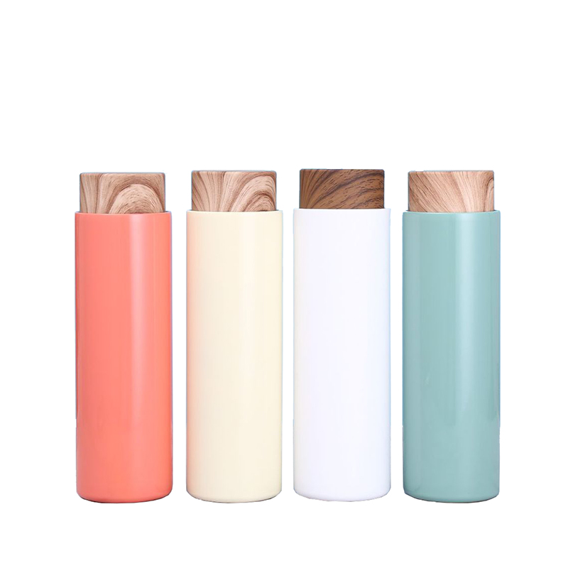 400ml Simple Design Stainless Steel straight Tumbler printed Water Bottle with Wooden Grain Lid