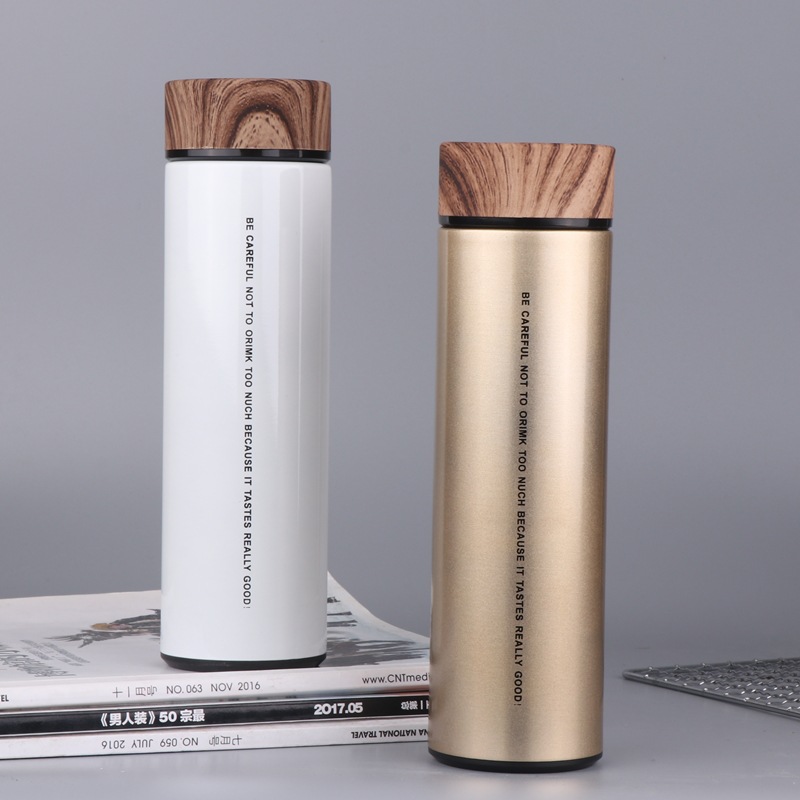 500ml Hot Selling Custom Logo Stainless Steel Thermos Water Bottle with Wooden Grain Lid