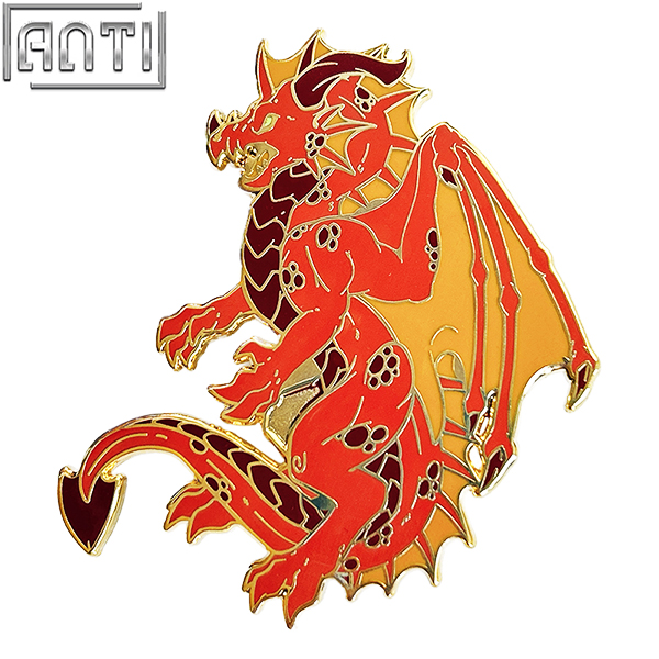 Custom Red Majestic Dragon Lapel Pin High Quality A Cartoon Animal With Beautiful Wings Hard Enamel Gold Metal Badge For Gift