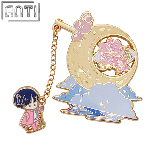 Custom Cartoon Dream Moon Lapel Pin Pink Bunny Fishing Chain South Korea's Handsome Stars Hard Enamel Gold Metal Badge For Gift