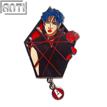 Custom A Handsome Man With Blue Hair Lapel Pin Circular Pendant Red Stain Glass Hard Enamel Black Nickel Metal Badge For Gift