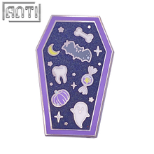 Custom Purple Coffin Shape Design Lapel Pin Halloween Cute Cartoon Hard Enamel Silver Metal Black Glitter Badge For Gift
