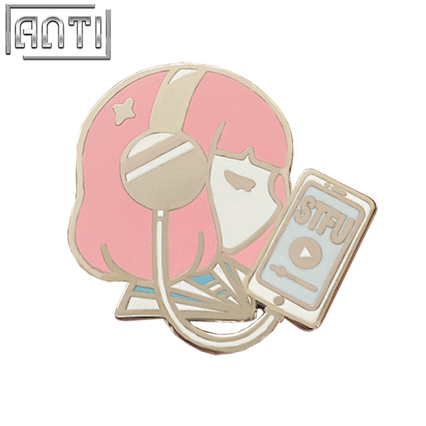Custom Cartoon Cute Girl With PINK Hair Lapel Pin High Quality Designed To Listen To Music In Fashion Silver Metal Badge