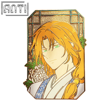 Custom Handsome Guy With Blonde Hair Lapel Pin Rectangular White Chrysanthemum Clear Glass Hard Enamel Gold Metal Badge For Gift