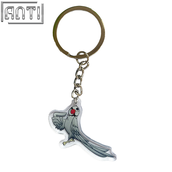 Custom Cartoon Lovely Grey Bird Design Acrylic Key Ring Lovely Animal Picture Offset Printing Round Metal Key Ring Accessories 