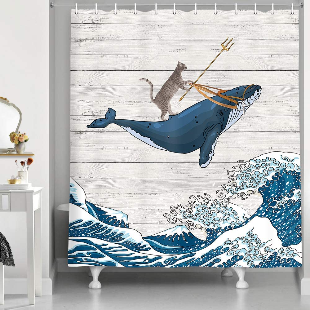 Funny Cat and whale Bath curtain Waterproof Shower Curtains Polyester Cartoon Printed Curtain for Bathroom Home Decor