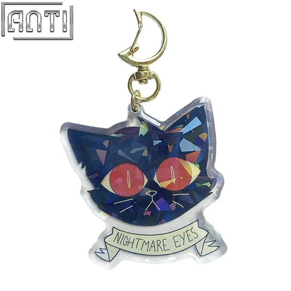 Custom Cartoon Cool Cute Black Cat Acrylic Key Ring Paillette Offset Printing Moon Metal Key Ring Accessories For Girls Gift