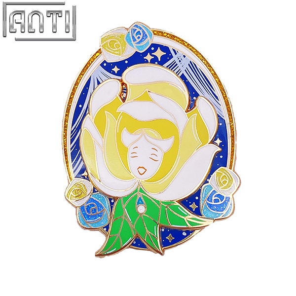Custom Cartoon Yellow Beautiful Flower Lapel Pin Oval Design Yellow Blue Glitter Gold Metal Hard Enamel Badge For Friend Gift
