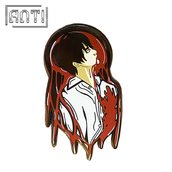 Custom Anime Handsome Man Lapel Pin Cartoon Cool Red Blood Flowing Effect Hard Enamel Black Nickel Badge