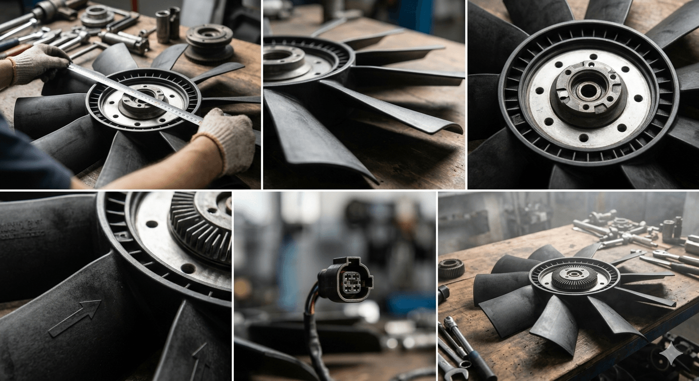 Selectiecontroles voor zware koelventilatoren op OE-referentie, diameter, bladontwerp en connectordetails