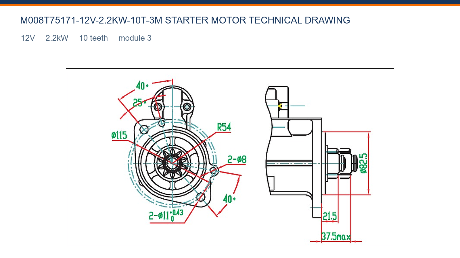 M008T75171- 12V -2.2KW-10T-3M Gambar teknik motor starter Mitsubishi 12V 2.2 kW 10T