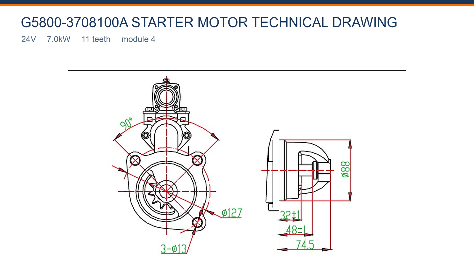 G5800-3708100A Yuchai بداية المحرك الرسم الفني 24V 7.0kW 11T