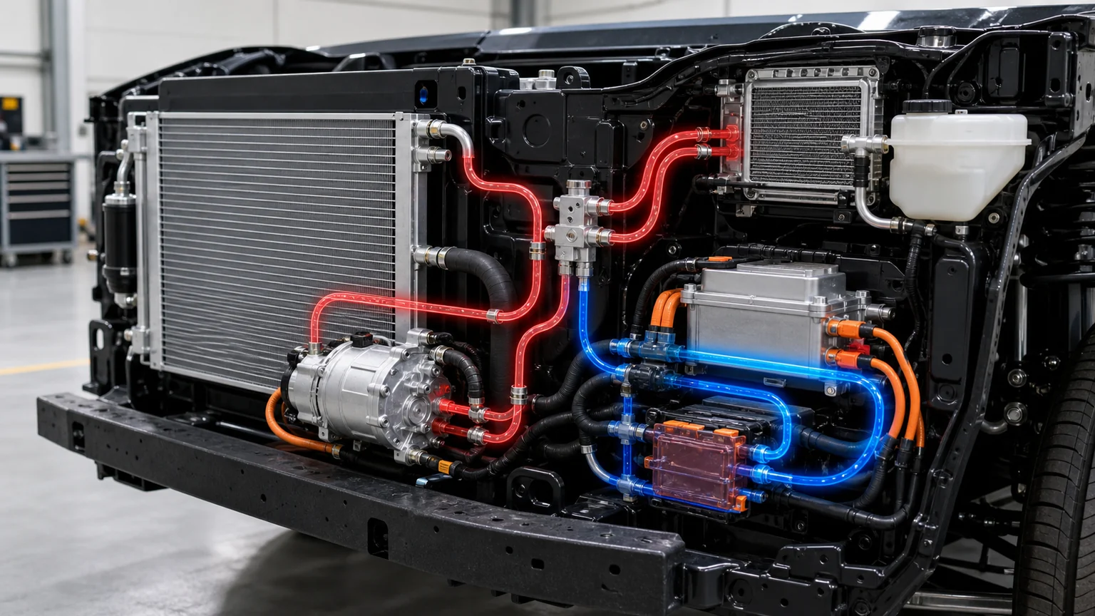 EV ヒートポンプとコンプレッサー、冷却剤ヒーター、熱交換器を備えた PTC 加熱アーキテクチャ